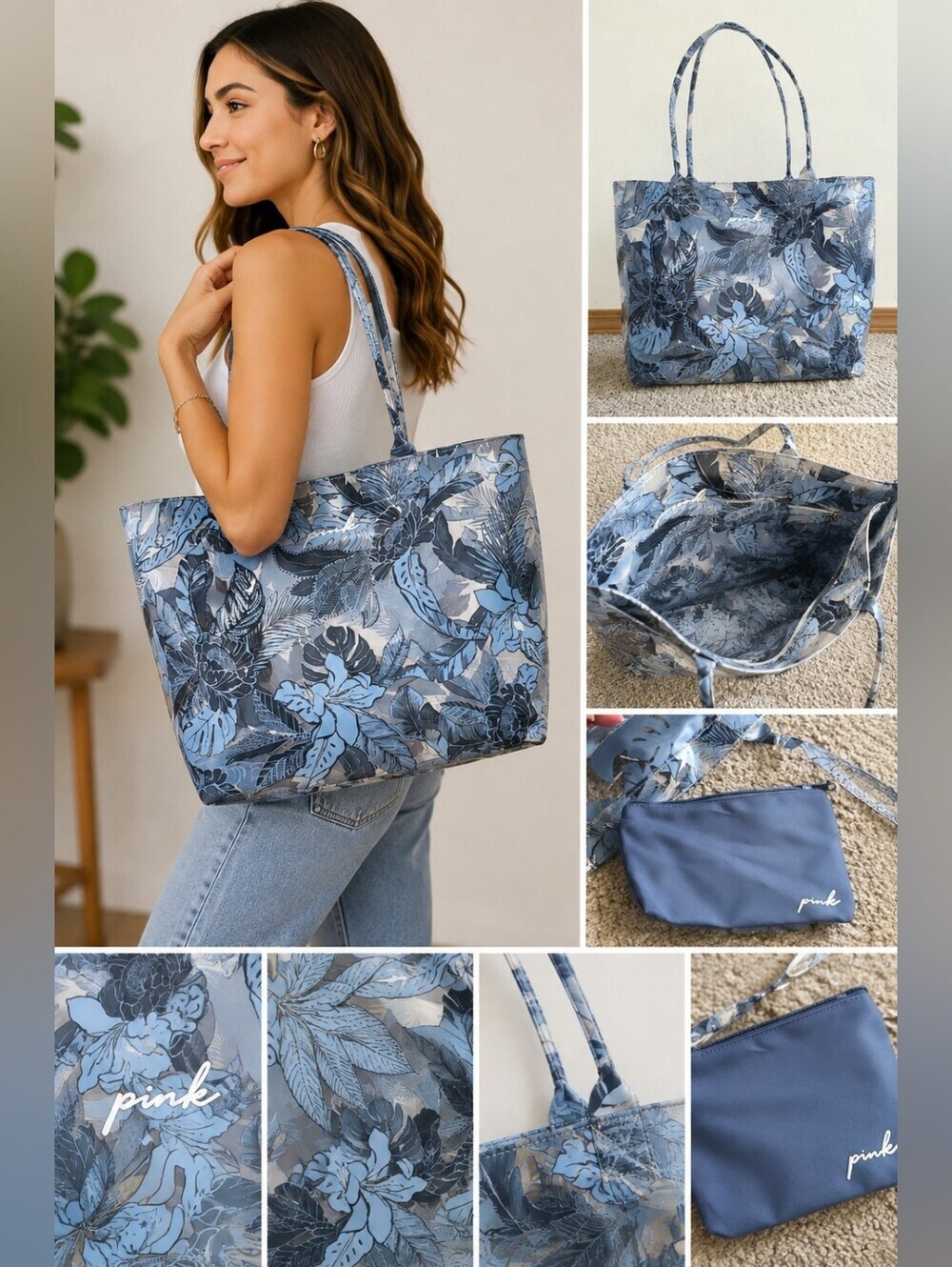 PINK Victoria's Secret Blue Leaf Print Tote With Accesory Pouch